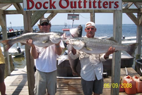 Two men wearing cap while holding big fish