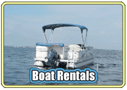 Pontoon boat with canopy available for rent on the water.