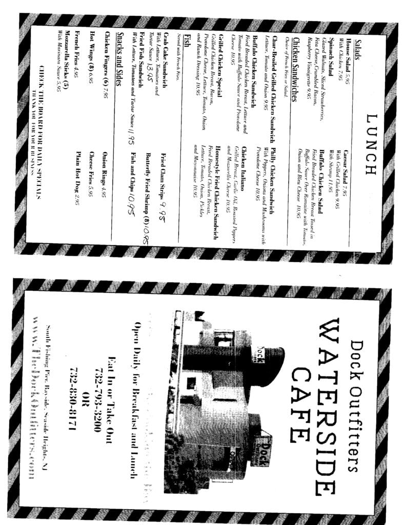 Black and white lunch menu from the Darcey Waterstone Cafe with a striped border.