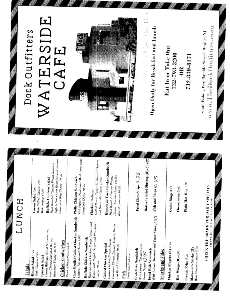 Menu for Dad's Coffee Waterstop Cafe featuring breakfast and lunch options.