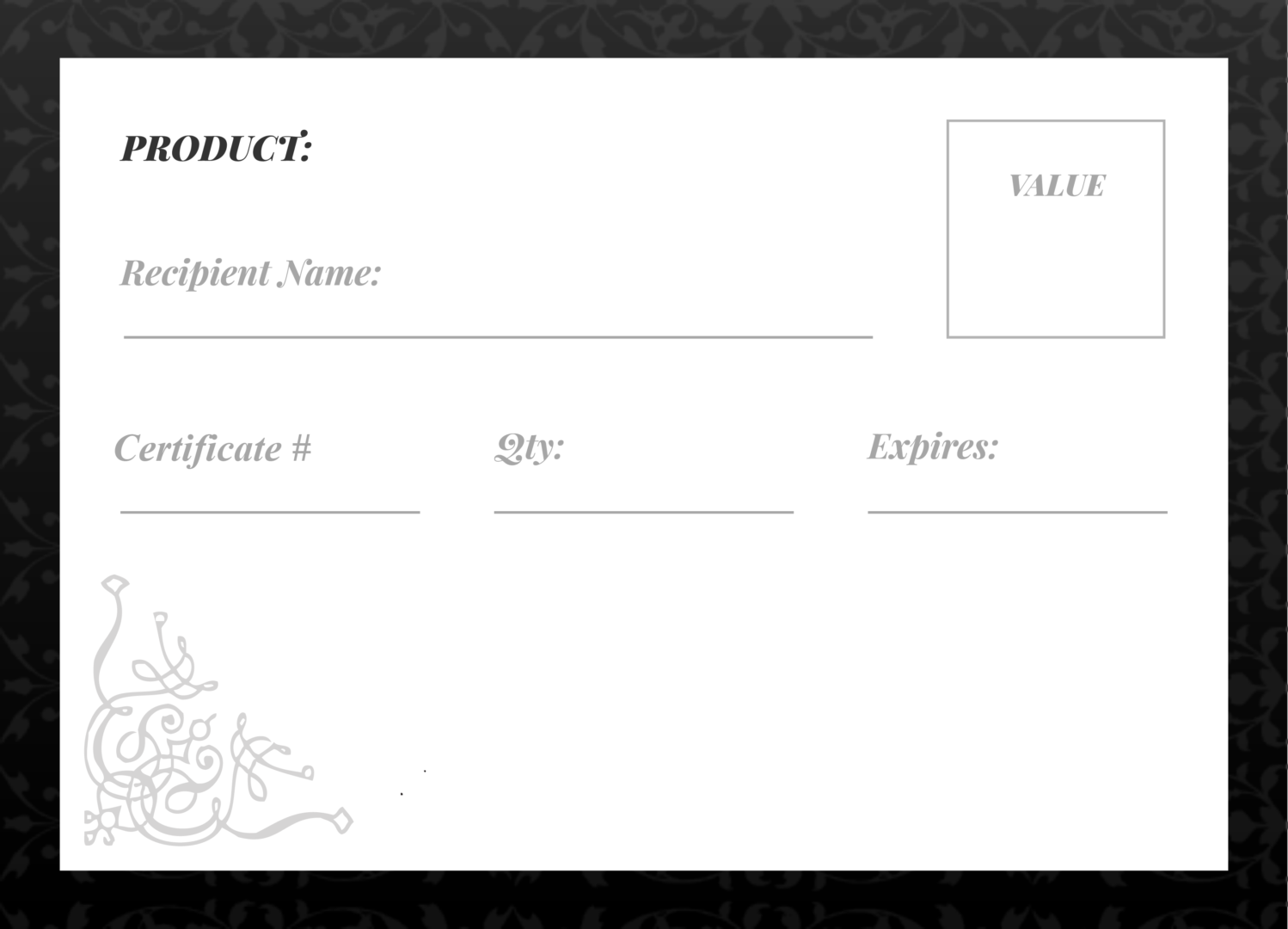 A blank, ornate certificate template with decorative floral corners and fields for recipient details.