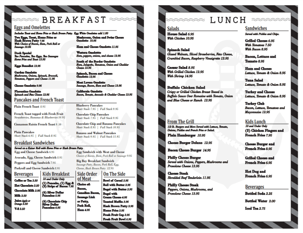 Menu featuring breakfast and lunch options with various dishes and prices.