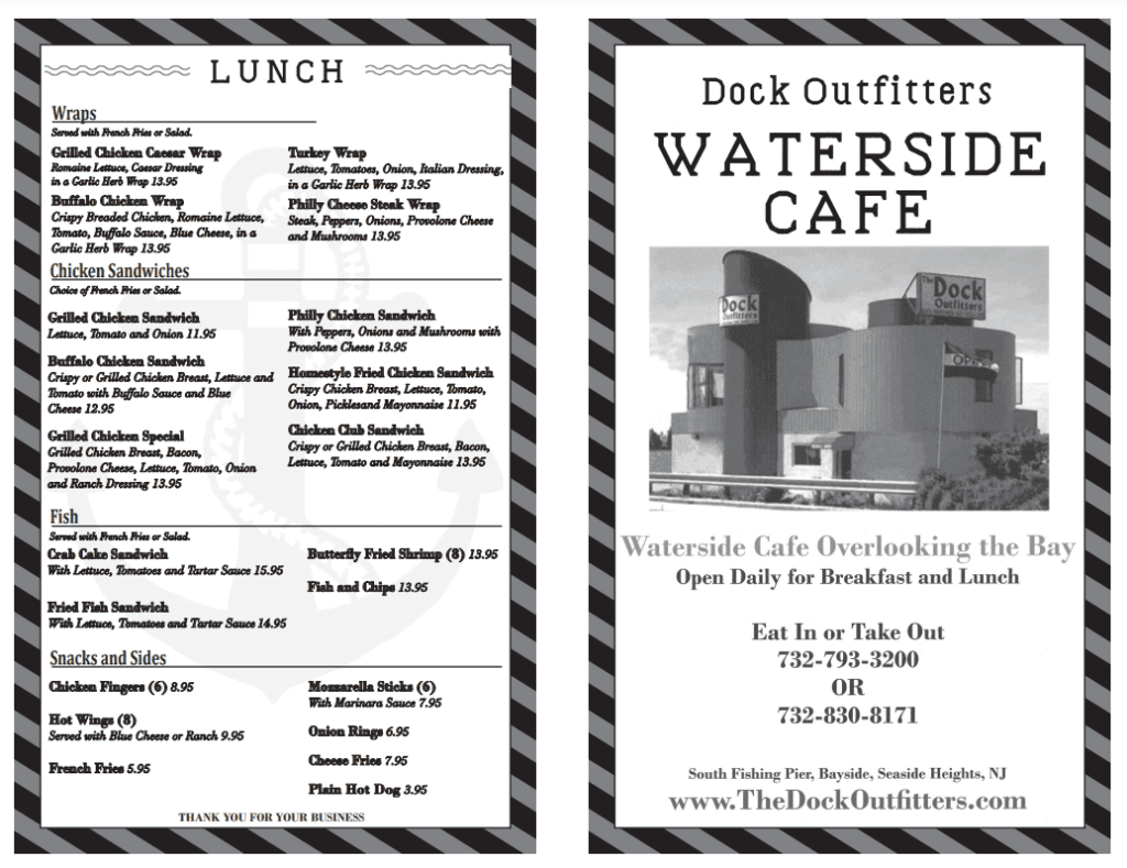 Waterside Cafe menu with breakfast and lunch options, plus contact info.