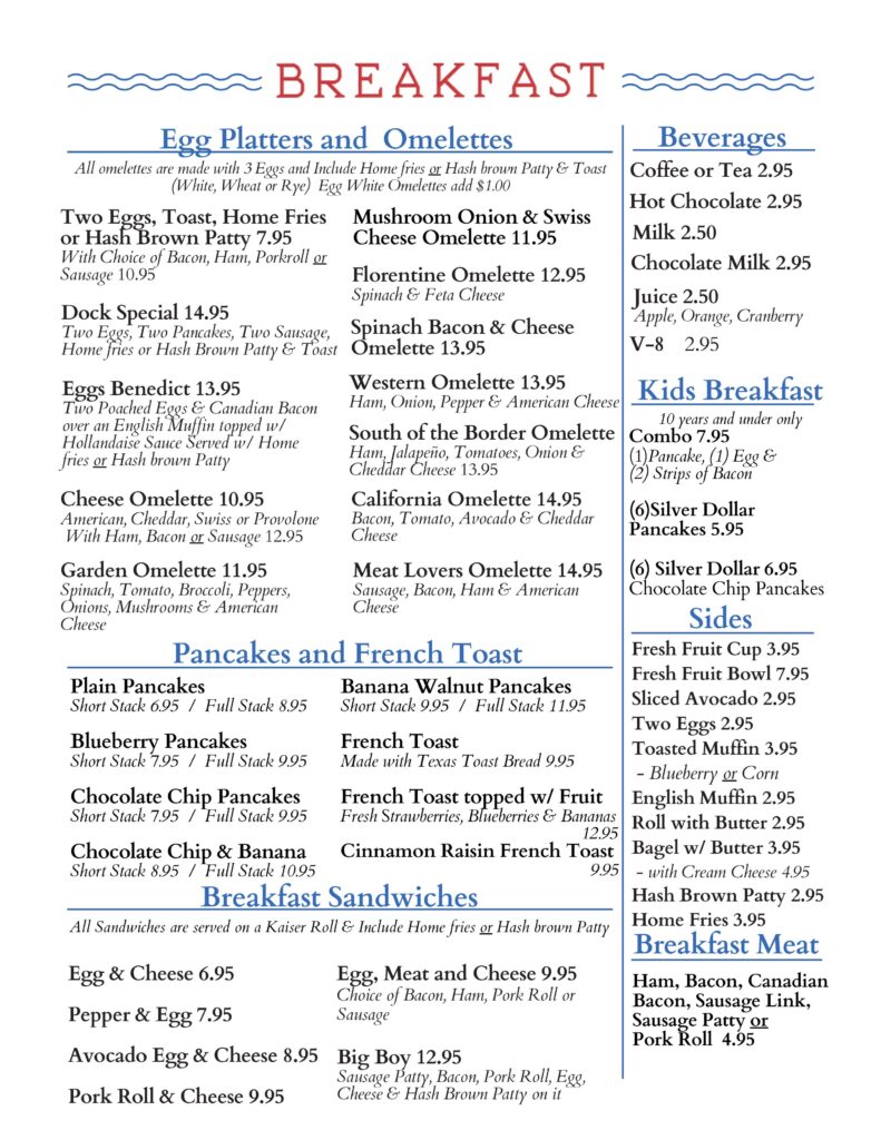 Close-up of a breakfast menu featuring various dishes and prices.