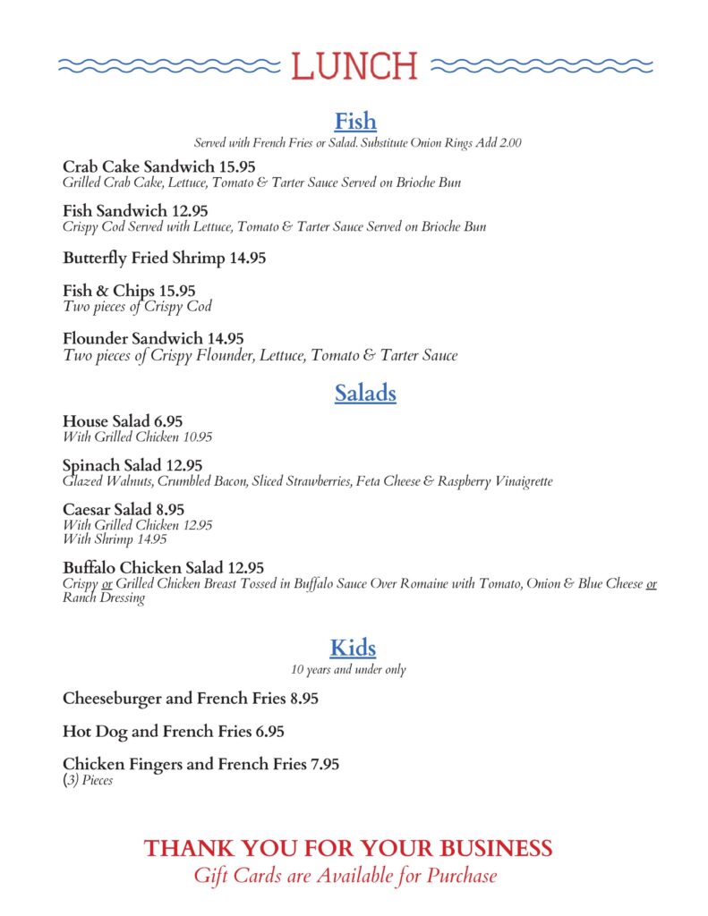 Menu showing Fish, Salads, and Kids dishes with prices.